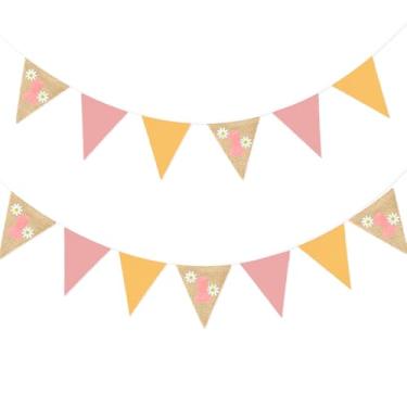 Imagem de Groovy One First Birthday Flâmula bandeira margarida rosa empoeirado triângulo amarelo triângulo guirlanda com feltro rosa 1 sinal para decoração de festa de 1º aniversário Groovy Boho retrô hippie