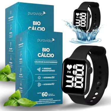Imagem de Kit 2x Puravida Bio Calcio Frasco 66g Acompanha Relógio Esportivo Aprova D'agua Preto