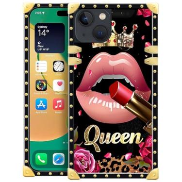Imagem de WANKBLC Compatível com iPhone 14, batom rosa rosa rainha leopardo luxuoso decoração dourada para meninas mulheres TPU macio à prova de choque capa dura PC traseira para iPhone 14
