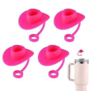 Imagem de 4 peças de capa de palha de chapéu de vaqueira, cobertura de palha de silicone macio de cowboy rosa à prova de poeira bonés de palha decorativos acessórios para copo Stanley Cup Tumbler (rosa