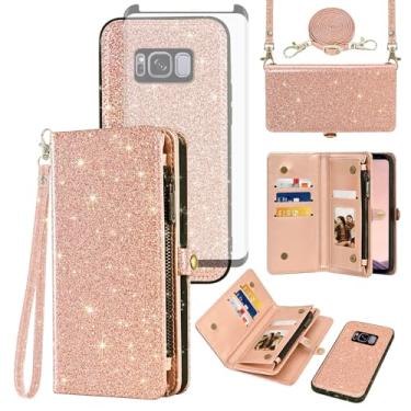 Imagem de Asuwish Capa de celular para Samsung Galaxy S8 Plus com zíper carteira celular com protetor de tela de vidro temperado cordão alça flip suporte para cartão S8plus S 8 8plus 8S Edge S8+ SM-G955U