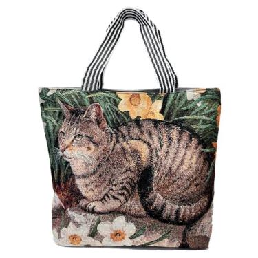 Imagem de Sacola de lona para gatos, bolsa de ombro fofa com zíper para mulheres, sacola de lona fofa reutilizável para compras de supermercado, Cinza, 13.58 "L x14.76"H