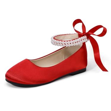 Imagem de Hehainom Sapatos sociais para meninas, meninas, florista, para crianças pequenas, Mary Jane, sapatilhas, laço de pérolas, festa de casamento, sapatos de comunhão, Redsilk, 11 Little Kid