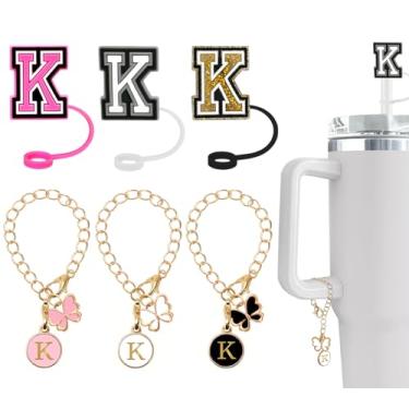 Imagem de Nuozme (3 + 3 capas de canudo compatíveis com copo Stanley Tumbler, 3 peças, tampas de palha com 3 pingentes de borboleta iniciais Nome ID para Stanley Copo de 30 e 1,134 g (capa de canudo de 3