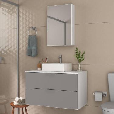 Imagem de Conjunto Gabinete Banheiro Rubi 80cm Gabinete + Cuba + Espelheira Branco Cinza