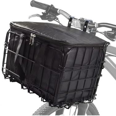 Imagem de Benustra Cesta de bicicleta frontal, cesta de bicicleta dobrável dianteira/traseira com bolsa removível à prova d'água, altura ajustável, cestas de bicicleta para adultos, transporte de cães, frutas e