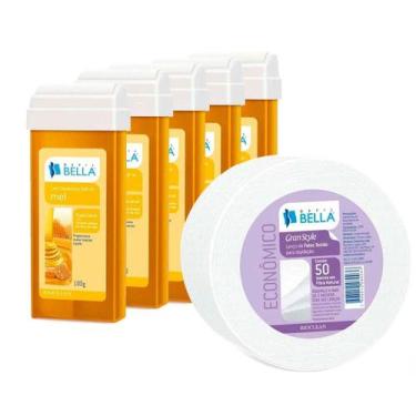 Imagem de Kit 5 Ceras Depilatória Roll-on Refil Mel + Rolo de Lenço de Falso Tec