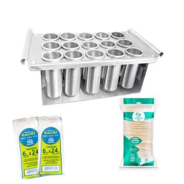 Imagem de Forma Picolé Alumínio 15Cav+ 500 Palitos+ 500 Saquinhos 6X24 - Macroza