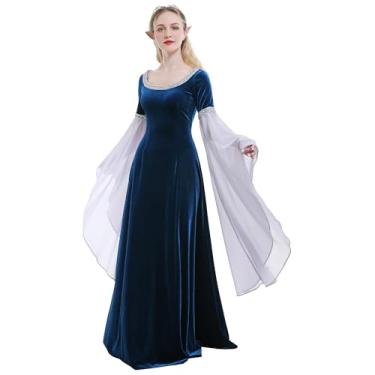 Imagem de daizbella Vestido de fantasia renascentista medieval feito à mão vestido retrô histórico vestido de veludo com mangas de chiffon, Azul escuro, M