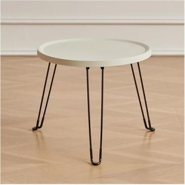 Imagem de Mesa lateral pequena e baixa, mesa moderna de sofá, mesa redonda de plástico, mesa de centro para quarto, sala de estar, 3 pernas de metal, branca, 46 x 39 cm