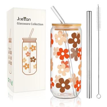 Imagem de Joeyan Copos de vidro de 590 ml com tampas e canudos de bambu, copos de cerveja em forma de lata boho, copo de café gelado fofo com padrão floral colorido, copo de refrigerante de chá de coquetel