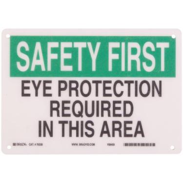 Imagem de Brady 70338 25,4 cm de largura x 17,8 cm de altura B-120 de fibra de vidro premium, sinal de proteção ocular verde e preto sobre branco, cabeçalho "Safety First", legenda "Proteção ocular necessária