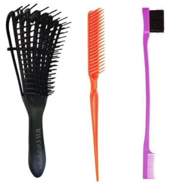 Imagem de Kit Escova Cabelo Polvo Cabelo Cacheado + Pente 3 Fileiras Fitagem + Pente Sobrancelha Baby Hair Modelagem