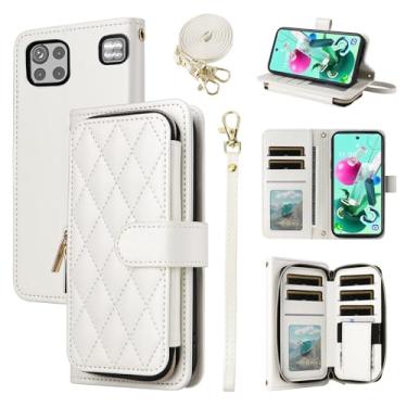 Imagem de Furiet Argyle Capa carteira para LG K92 5G com alça de pulso, 9 + compartimentos para cartão com zíper bolsa de couro PU de luxo capa de celular xadrez para LGK925G K 92 92K LMK920AM Q92 G5 branca