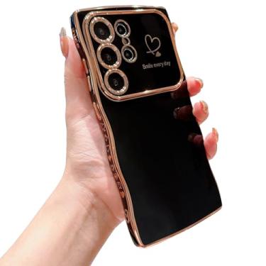 Imagem de IDweel Capa para Galaxy S24 Ultra para mulheres e meninas, moldura ondulada fofa de luxo em formato encaracolado com coração de amor, proteção para câmera levantada, slim fit, revestimento à prova de