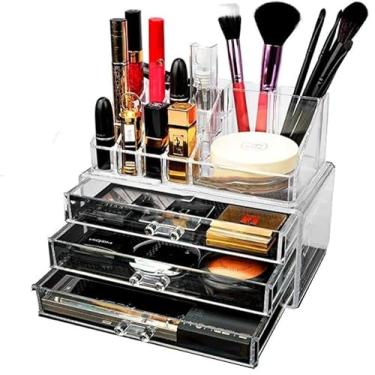 Imagem de Organizador de Maquiagem Acrílico com 3 Gavetas e 16 Nichos - Porta Pincéis e Batom