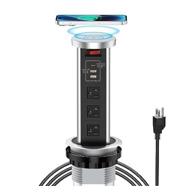 Imagem de XBA Tomada Pop-Up Para Bancada, Régua De Energia Embutida De 4 Polegadas Com Carregador Sem Fio De 15 W, Pd 20 W Usb C, 2 Usb A, 3 Tomadas Ca, Tomada Oculta Com Cabos De Extensão De 6 Pés Para Cozin
