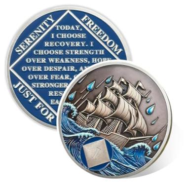 Imagem de Recuperação de moeda sóbria náutica de 1 ano - Moeda sóbria de afirmação - Fichas e medalhões AA - Moedas AA de Recuperação de Vício - Narcóticos Alcoólicos Anônimos Presentes de Sobriedade para