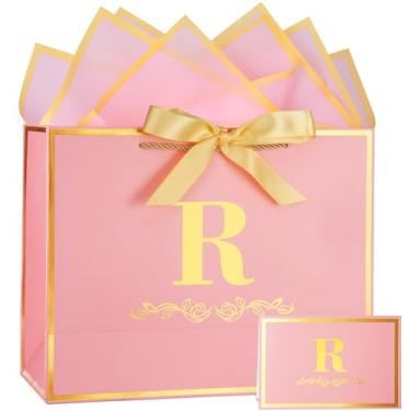 Imagem de Saco de presente de aniversário alfabeto com cartão e papel de seda para homens e mulheres, 33 cm grande ouro rosa personalizado festa nupcial presente saco de papel para embrulho de presentes -