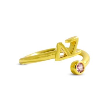 Imagem de Sorority Shop Anel Delta Zeta - Anel envolvente banhado a ouro 18k com pedra preciosa rosa e letras gregas Delta Zeta, presente de joia de irmandade, Latão com revestimento de ouro, Zircônia cúbica