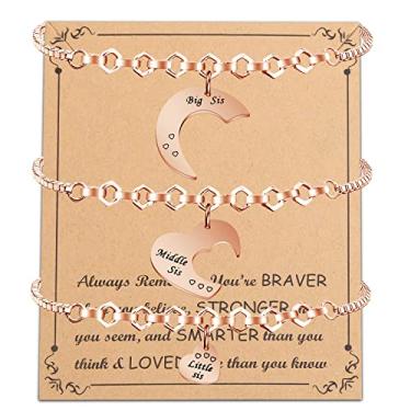 Imagem de 3 pulseiras para irmãs, Big Sis, Middle Sis, Little Sis, 3 peças, pulseiras combinando com coração de 3 irmãs, presente para melhores amigas, corrente ajustável de 23 cm, Cobre, nagem