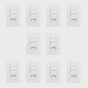 Imagem de Conjunto de 10 Interruptores de 2 Teclas Simples e Tomada 2p + t 20A, Modular, com Placa 4x2 Branco