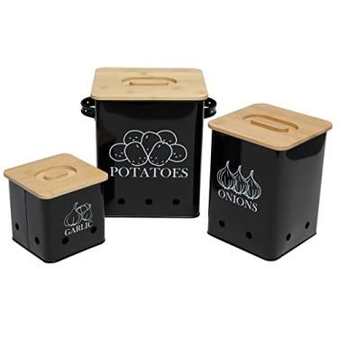Imagem de Gdfjiy Conjunto de recipientes de cozinha, caixa de armazenamento para batata cebola e alho, conjunto de 3 recipientes de bancada com tampa de madeira - batata, cesto de alho, lata para guardar legumes com furos para aerar - preto
