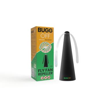 Imagem de Bugg OFF Ventilador repelente de insetos voadores e moscas pretas com lâminas duplas, tampo de mesa e suspensível, alimentado por bateria ou plugue de 5 V, pilhas não incluídas. Lâminas seguras com