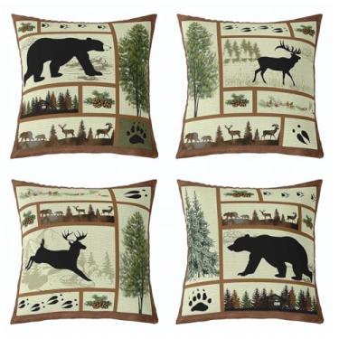 Imagem de Feelyou Capas de almofada vintage urso 45,72 cm x 45,72 cm conjunto de 4 fronhas macias para crianças, cabana, veado, caça, para meninos e meninas, adolescentes, fazenda, lobo, alce, animais, verde,