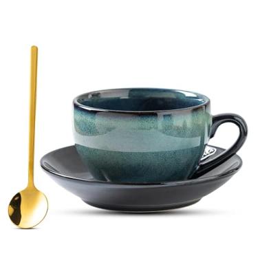 Imagem de Xícara de café de porcelana com colher de pires, xícara de chá de café expresso de cerâmica de design vintage cappuccino barista com pires (330 ml, 350 ml, verde névoa)