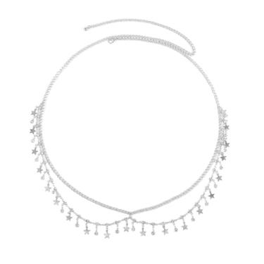 Imagem de Shejuety Pingente de borla de pentagrama requintado para mulheres corrente de cintura ajustável de camada dupla incrustada strass umbigo ouro cintura corrente verão biquíni praia festa joia corporal