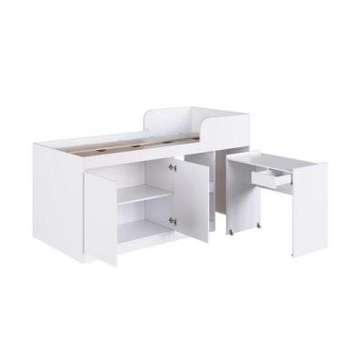 Imagem de Cama Alta Solteiro Multifuncional Com Escrivaninha Branca - Art in Móv