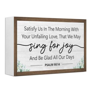 Imagem de Satisfy Us In The Morning With Your Love Psalm 90:14 Verso da Bíblia Caixa de Madeira Placa Decorativa, Placa de Bloco de Madeira de Escritura Rústica para Casa de Fazenda Cristã Prateleira de