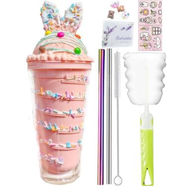 Imagem de viva story Copo de viagem de unicórnio com canudo chocolate copo para beber gelo leite caneca de café copo de plástico para piquenique festa presente de aniversário (chocolate coelho rosa 2, 450 ml)