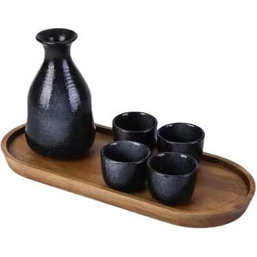Imagem de Conjunto De Saquê Japonês Garrafa De Saquê De Cerâmica E Copos De Saquê Com Bandeja De Madeira Para Casa Ou Restaurante, Oval Tray Large 1 Pot 4 Cups (Ink Rhyme)