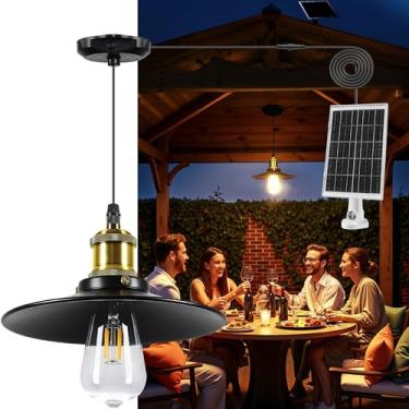 Imagem de FabStyl Luminária pendente solar para ambientes internos e externos, 1000 lm, luz solar IP65, à prova d'água, lustre suspenso movido a metal, luzes de gazebo com controle remoto para celeiro, gazebo