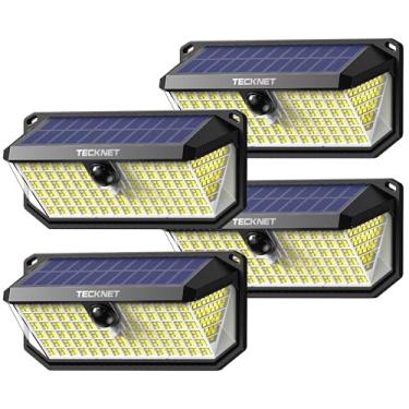 Imagem de TECKNET Luzes de movimento solar 4200Lm 416 LED à prova d'água, ângulo de 300° e 3 modos de iluminação, sensor de movimento ao ar livre, pacote com 4 luzes solares de segurança IP66 para cerca, porta