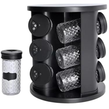 Imagem de Porta Condimentos Giratório com 9 Potes de Vidro, 85ml, Base 360°, C/Tampa, Organizador para Temperos e Especiarias, Utensílio P/Cozinha (Kit 9 Porta Condimentos)