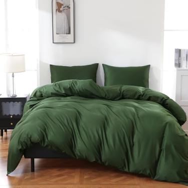 Imagem de Overket Capa de edredom 100% algodão orgânico tamanho king extragrande 400 fios percal 300 x 248 cm capa de edredom de cetim macio e respirável conjunto de cama 3 peças (verde floresta, tamanho king