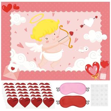 Imagem de EmmgHen Pôster grande do jogo Pin the Heart On the Cupid Arrow com 24 peças de adesivos divertidos para sala de aula, decoração de festa para crianças, aniversário, chá de bebê, casais, dia dos