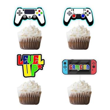 Imagem de 24 peças de enfeite de cupcake de videogame para decoração de festa de jogos em cupcake para tema de jogo chá de bebê suprimentos de festa de aniversário (totalmente montado)