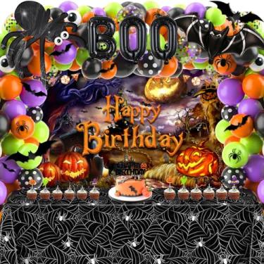Imagem de Halloween Birthday Decorations Party Supplies Halloween Themed Party Favors 105 Pcs for Kids Including Spider Web, Backdrop, Tablecloth, Cake Toppers, Spider Bat Wall Stickers, Balloons Arch and kit