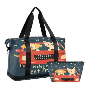 Imagem de Linda Princesa com Unicórnio Branco Bolsa de Futebol Expansível para Viajar, Bolsa Feminina de Fim de Semana com Compartimento de Sapatos, Cachorro e gato fofos em carro vermelho, One Size