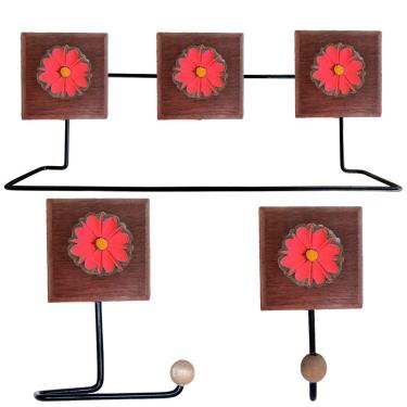 Imagem de Kit Banheiro 3 Peças Toalheiro Cabideiro Porta Papel Papel Com Flores Coloridas Cor Vermelho