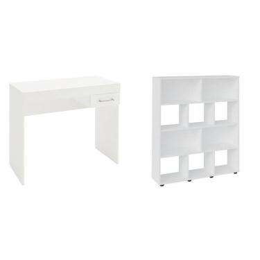 Imagem de Kit 2 Peças Com Escrivaninha Com Gaveta E Estante Para Livros 10 Nichos Branco