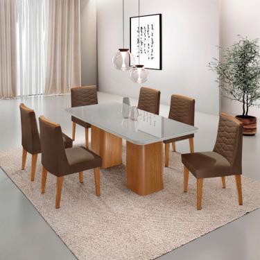 Imagem de Mesa De Jantar Eloise Tampo Mdf Vidro Com 6 Cadeiras Moderna Veludo Marrom/off White/naturale
