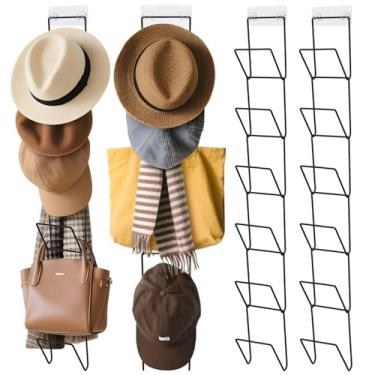 Imagem de Yonsya Pacote com 12 organizadores de chapéus com 2 ganchos, suporte de peruca para várias perucas, suporte de chapéu de cowboy para parede, porta, armário (preto)