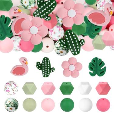 Imagem de Conjunto de 73 contas de silicone flamingo redondas de silicone a granel 15 mm 14 mm contas focais de borracha verde rosa flor artesanato DIY contas espaçadoras soltas para canetas, chaveiro, pulseira