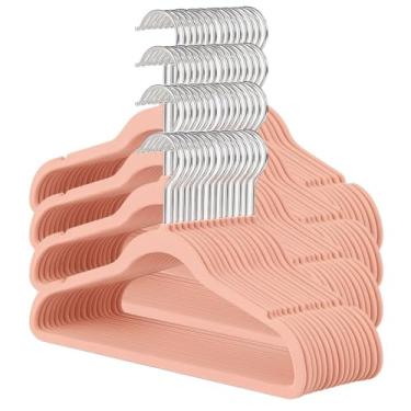 Imagem de Kit 40 Cabide Infantil de Veludo Antideslizante Slim Ultrafino para Roupa Calça Camiseta de Bebe (Rosa)