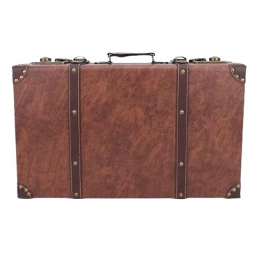 Imagem de Asixxsix Bagagem vintage, baú vintage de madeira, mala de couro retangular, caixa de armazenamento decorativa multifuncional com alça de couro para lembranças, adereços para fotos